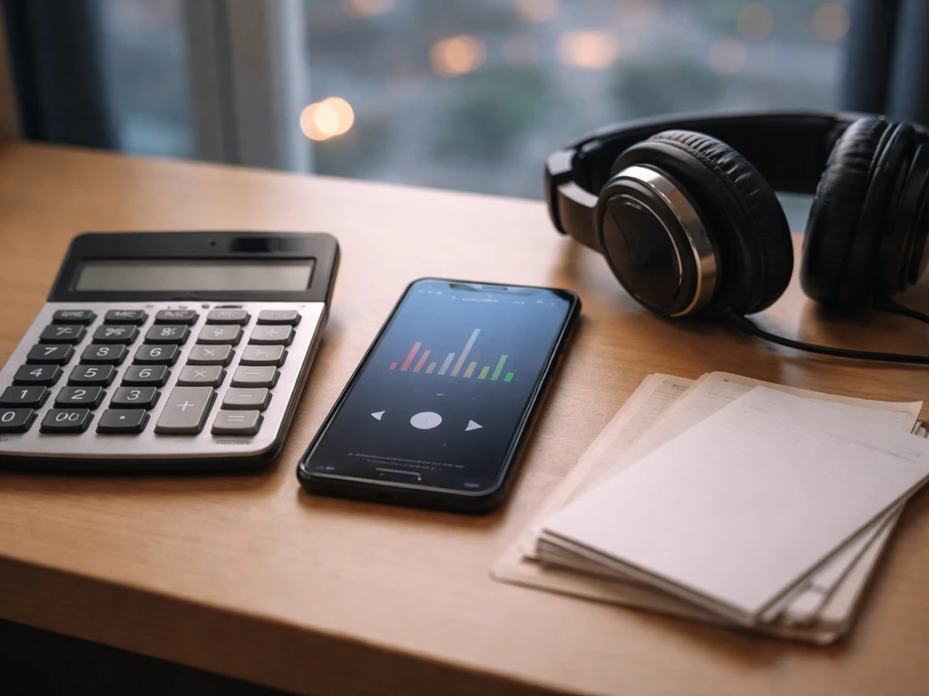 Minimal desk scene with a smartphone showing music streaming numbers and a calculator beside cash receipts