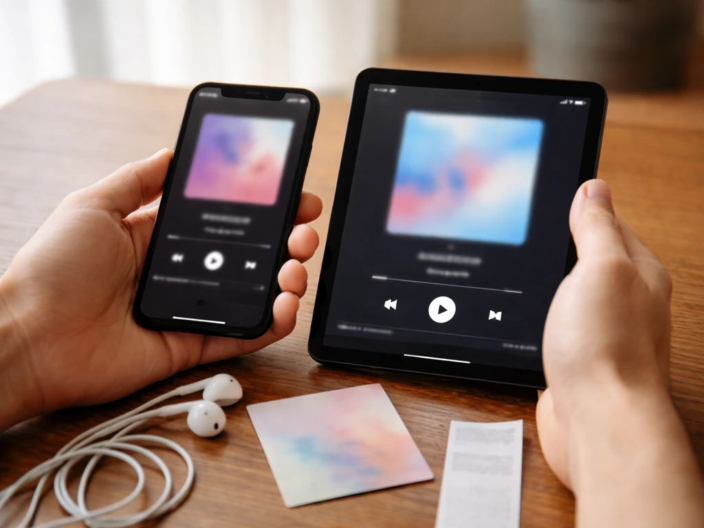Hands holding a phone and tablet with blurred streaming screens beside a music release cover card.