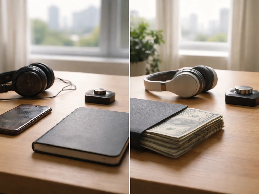 Minimal photo of a studio desk with a smartphone, music gear, and scattered cash symbolizing career earnings over time.