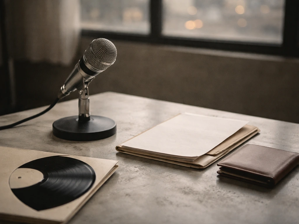 Minimal music studio desk with microphone, vinyl sleeve, and wallet, suggesting a street-name music label archive.
