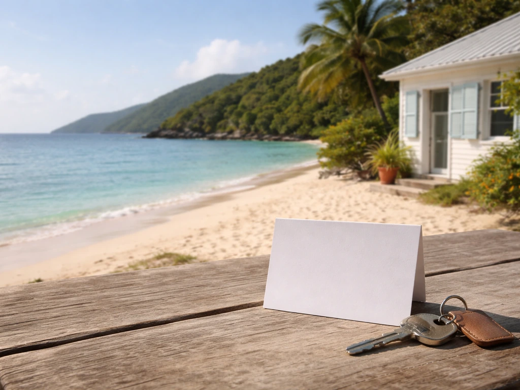 Caribbean shoreline with a small tropical house exterior and a blank property valuation card symbolizing real estate val