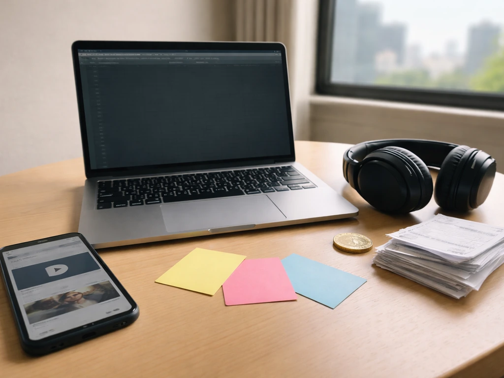 Minimal desk scene with laptop, smartphone, headphones, and coins suggesting differing media monetization assumptions.