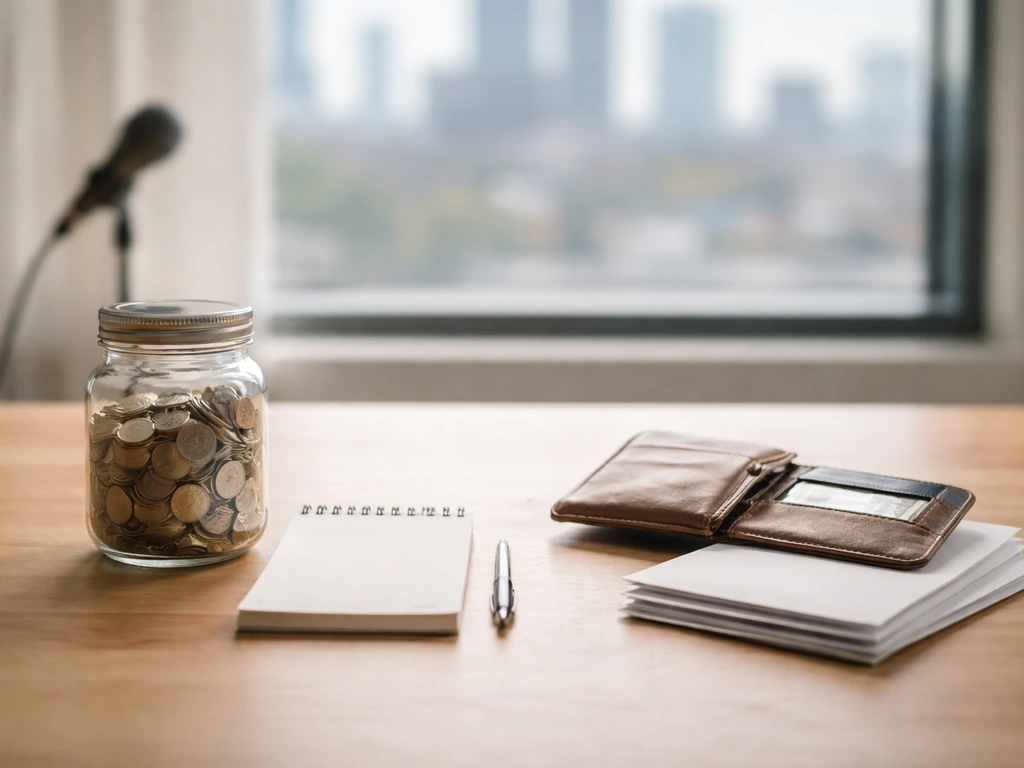 Minimal desk scene with coins and bills symbolism for earnings versus net worth, natural light.