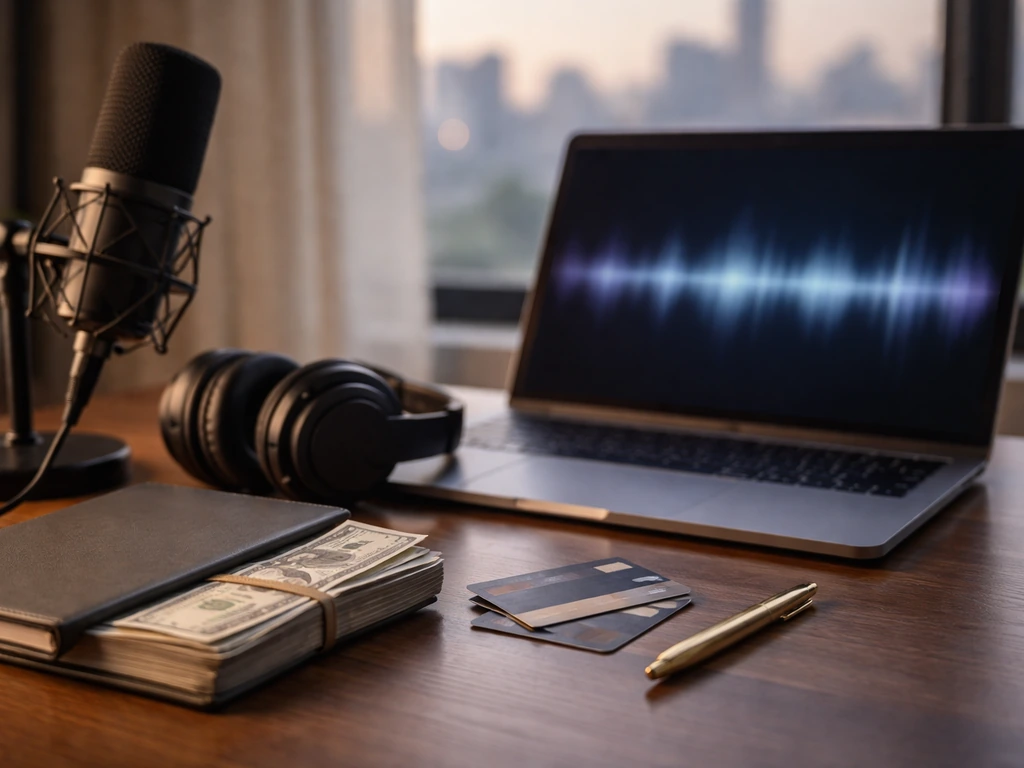 Minimal desk scene with laptop, microphone, cash, and business items symbolizing music income sources.