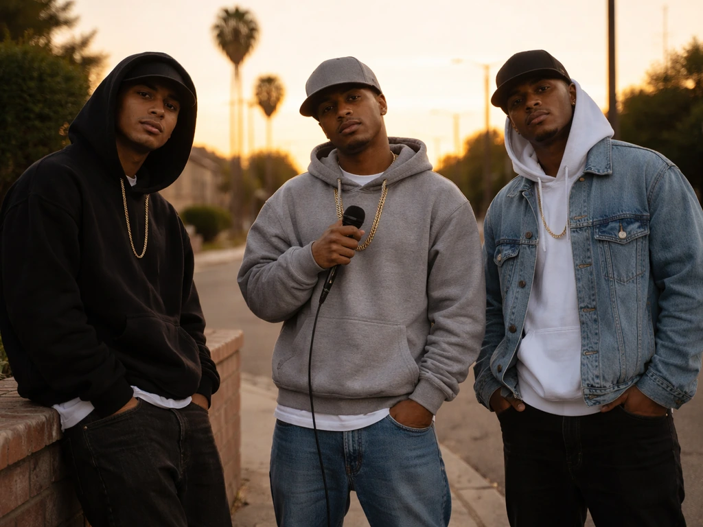 Three anonymous hip hop performers in streetwear standing on an Inglewood street at golden hour.