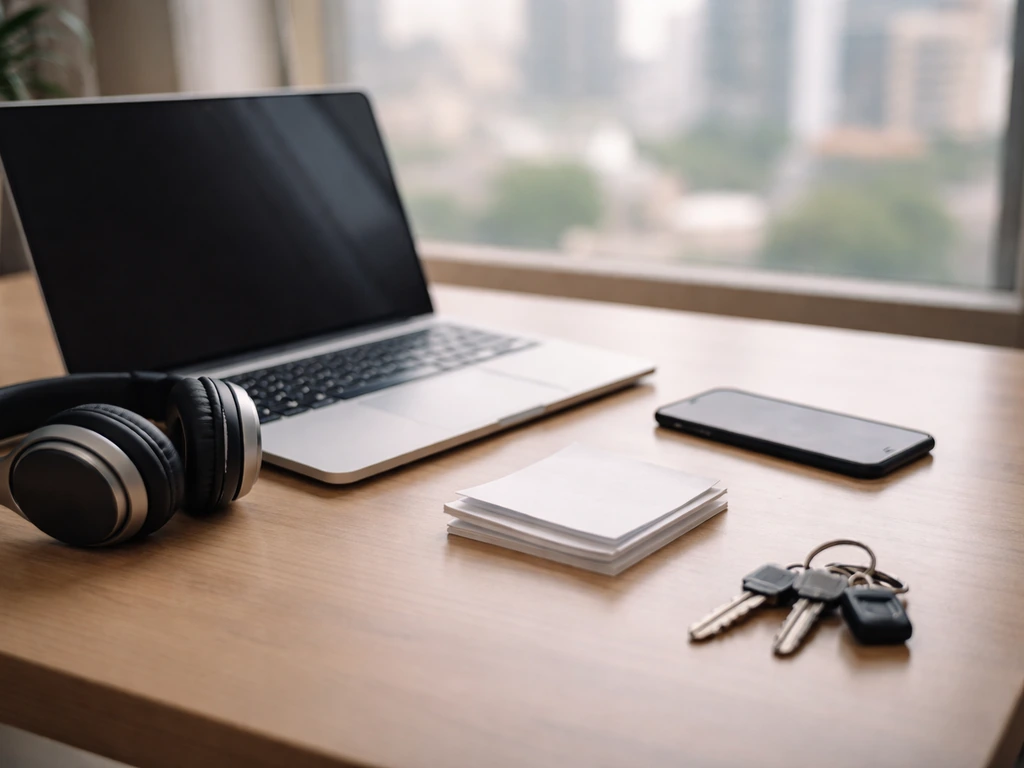 Minimal desk scene with laptop, headphones, receipts, and phone suggesting layered income inputs for an estimate.