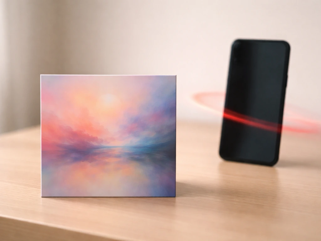 Minimal desk scene with a music tile and obscured phone suggesting long-running streaming
