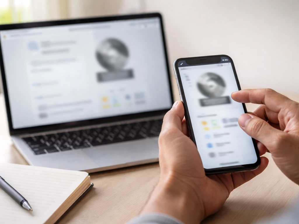 Close-up of hands checking a blurred music certification page on phone and laptop at a quiet desk.