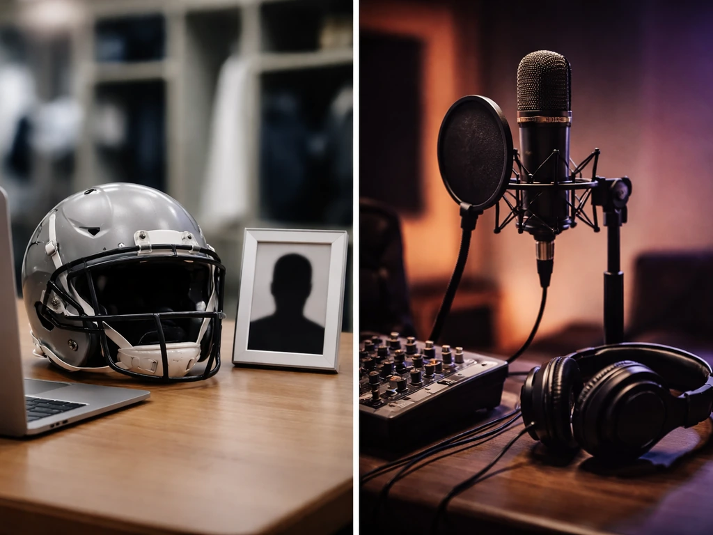 Split scene: football helmet and obscured profile frame on one side, studio microphone and headphones on the other.