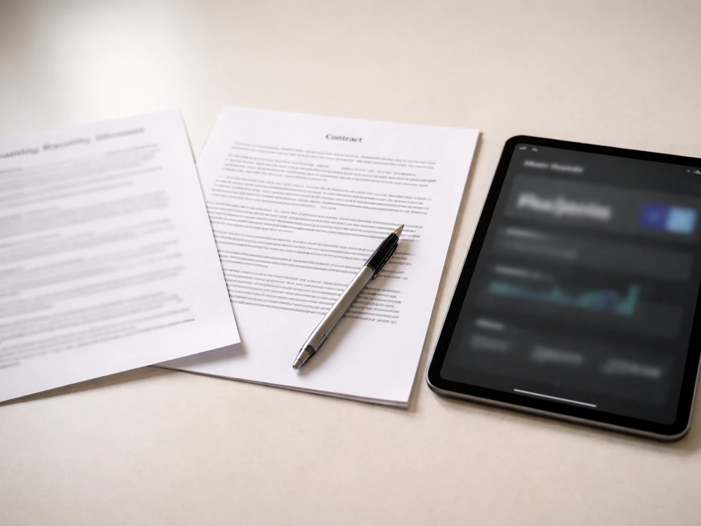 Blurred streaming statement, contract, and a royalty dashboard on a tabletop representing hip-hop income sources