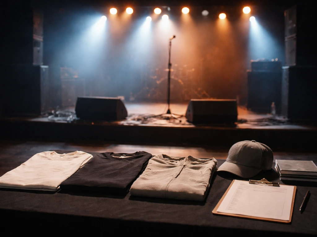Low-angle view of a live music stage with bright lights and a small merchandise table in the foreground