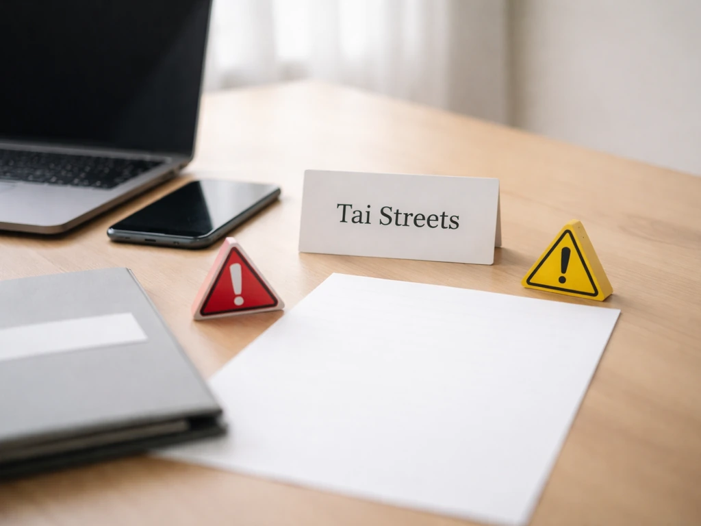 Desk with laptop and caution signs near a card reading “Tai Streets” for accuracy checks