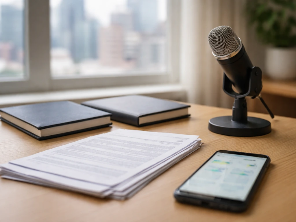 Minimal desk scene with documents, a microphone, and a blurred phone suggesting competing net-worth estimates.