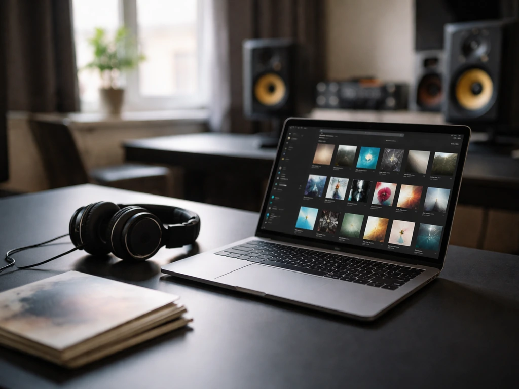 Minimal studio desk with laptop streaming library tiles and headphones, symbolizing music sales and streaming.