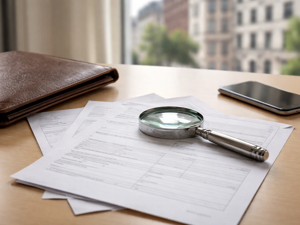 Documents and a magnifying glass on a desk, evoking German business register verification.