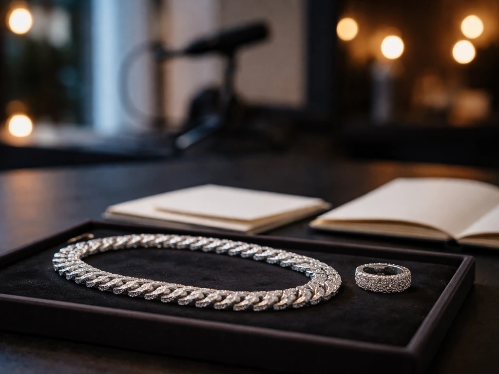 Luxury iced-out chain on a velvet tray with an open notebook and blurred studio background, no people.