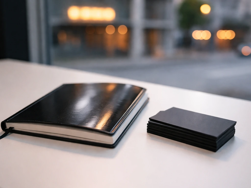 Close-up of a glossy black notebook with a blurred city backdrop, symbolizing a music brand and business identity