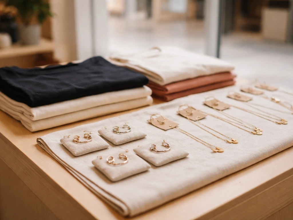 Close-up of handmade jewelry and folded apparel on a boutique store counter with product tags