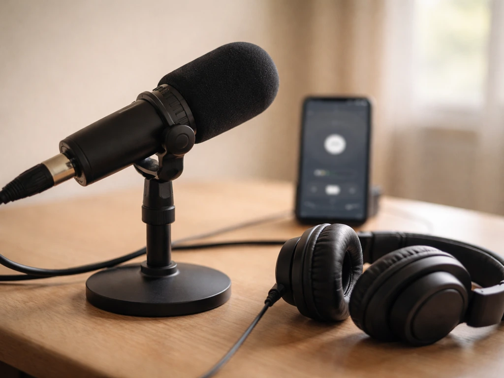Close-up of a podcast mic on a desk with a smartphone displaying a media player frame.