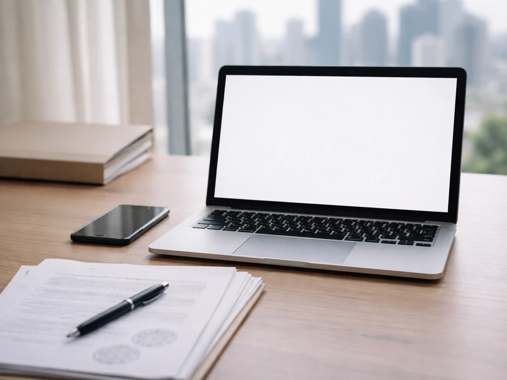 Minimal desk scene with laptop, phone, and blank documents symbolizing verifying and updating an estimate.