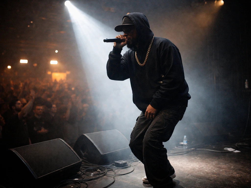 Anonymous rapper performing onstage with a microphone and spotlight haze, representing live touring revenue.