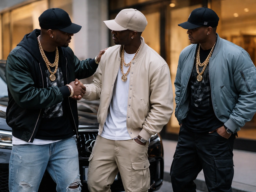 Three anonymous streetwear performers posing near a luxury car outside a boutique storefront at dusk.