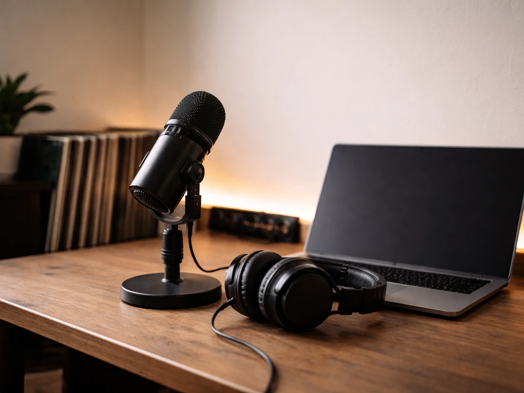 Minimal studio scene with a microphone, headphones, and a laptop showing an anonymous video-creator setup.