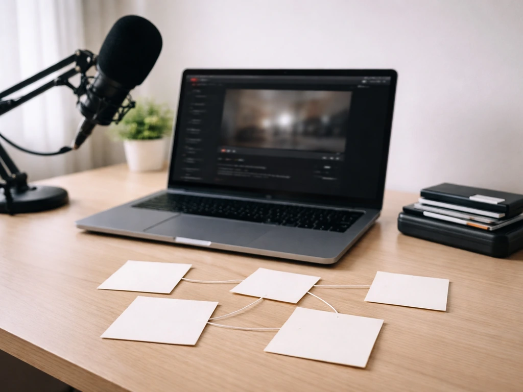 Minimal home studio desk with laptop, microphone, and four blank cards connected with strings.