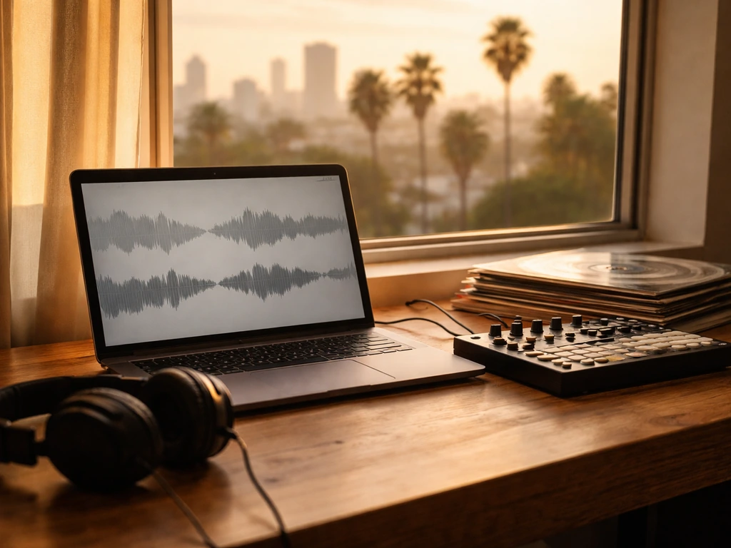 Minimal LA studio desk scene with headphones and music gear, symbolizing a beat producer’s origin.