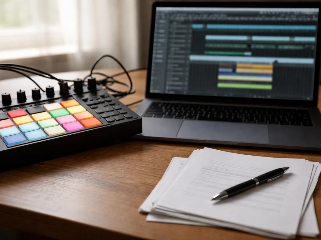 Close-up of music production setup with laptop and MIDI controller in a minimal studio scene.