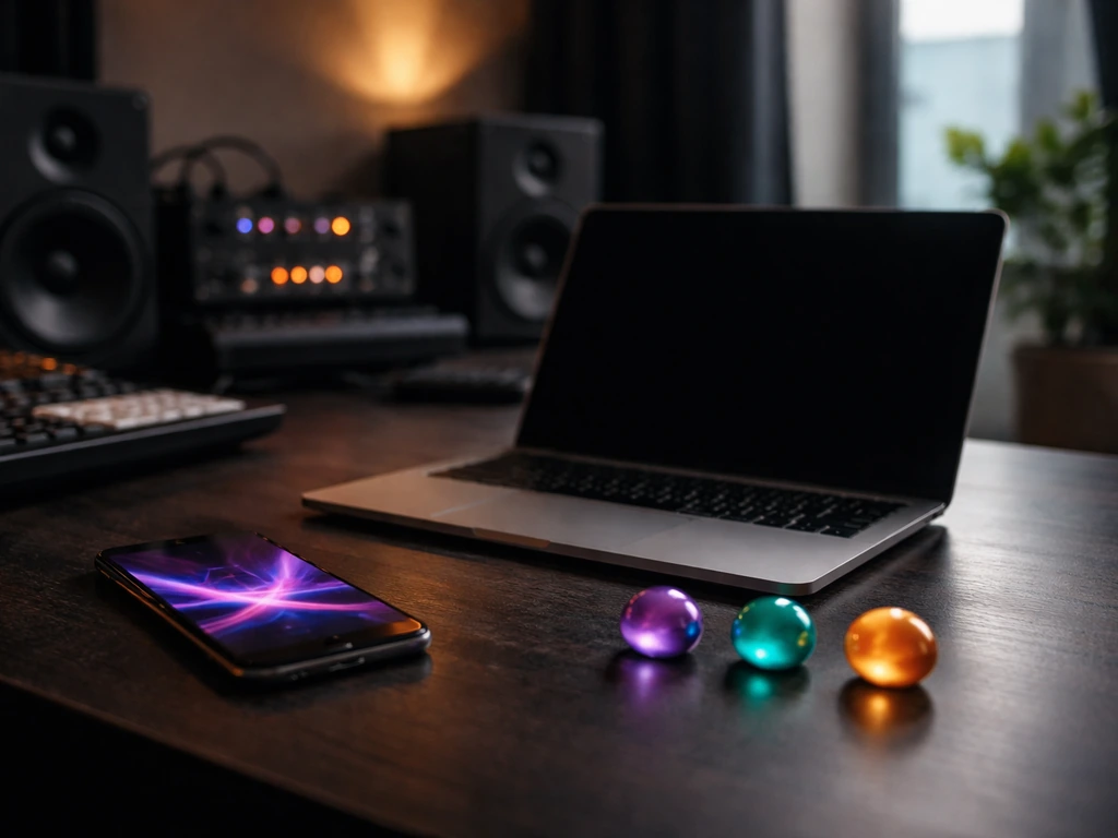 Minimal producer desk with laptop and phone showing abstract visuals, hinting at streaming income.