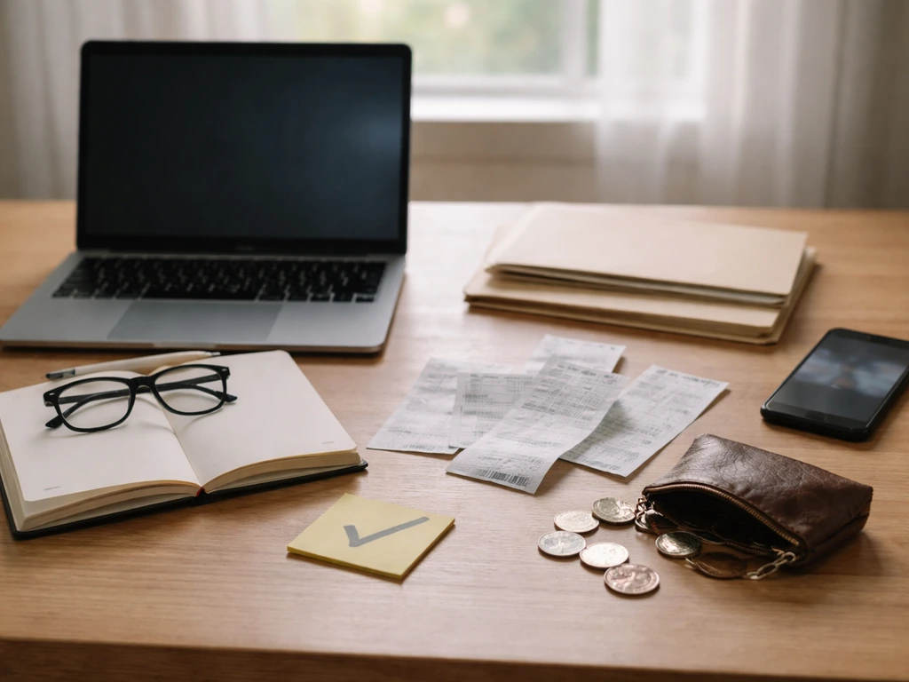 Minimal desk scene showing financial verification tools and reconciliation items, no people.