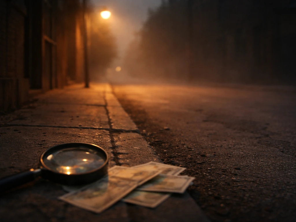 Moody dusty street at dusk with a blurred camera lens and subtle cash-like bokeh, symbolizing net-worth verification.