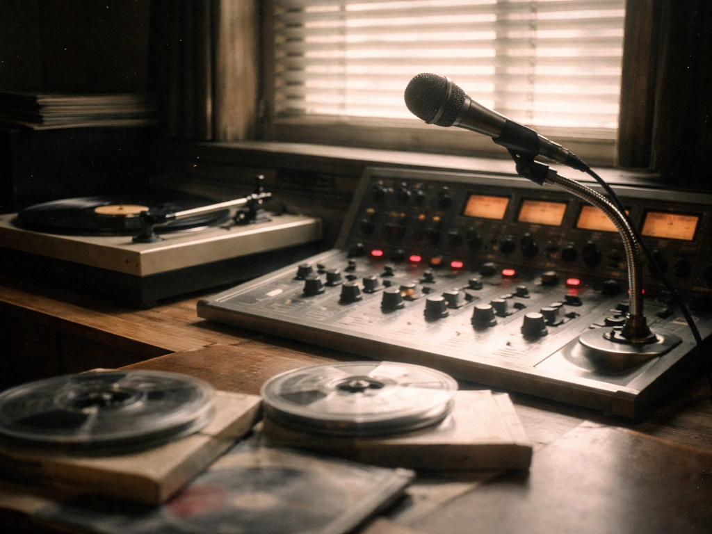 Vintage FM radio studio microphone, mixing console, and tapes suggesting a pioneering DJ era