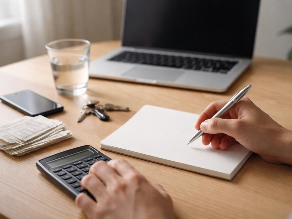 Minimal desk scene with blank notepad and calculator suggesting a net worth calculation worksheet.