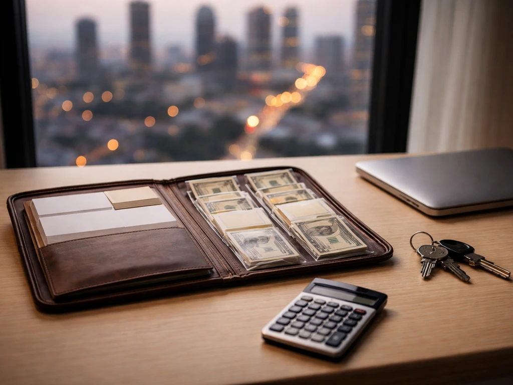 Minimal desk scene with cash envelopes, calculator, and keys, symbolizing assets, spending, and liabilities