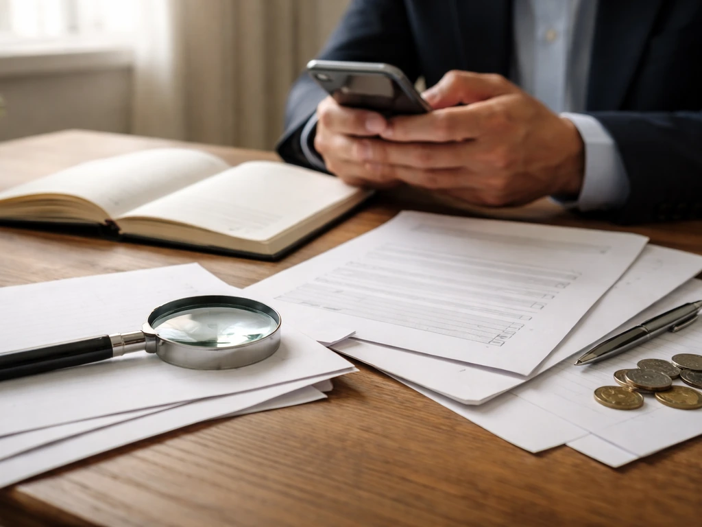 Hands reviewing unmarked documents with a magnifying glass and checklist-like papers on a desk