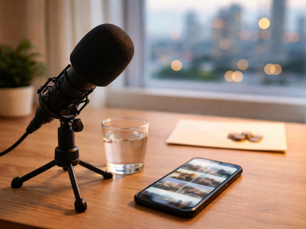 Minimal studio desk scene with a microphone, coins, and blurred phone video thumbnails suggesting ad revenue.