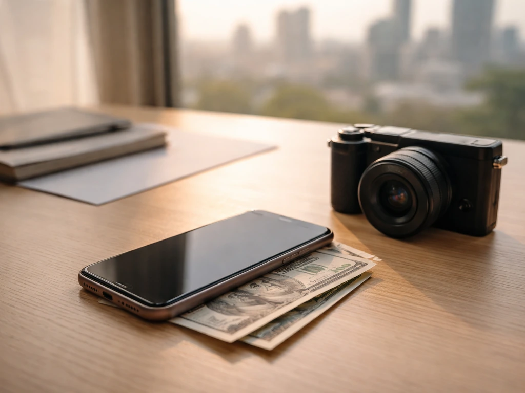 Minimal studio desk with smartphone and small camera, warm natural light suggesting a media earnings timeline.