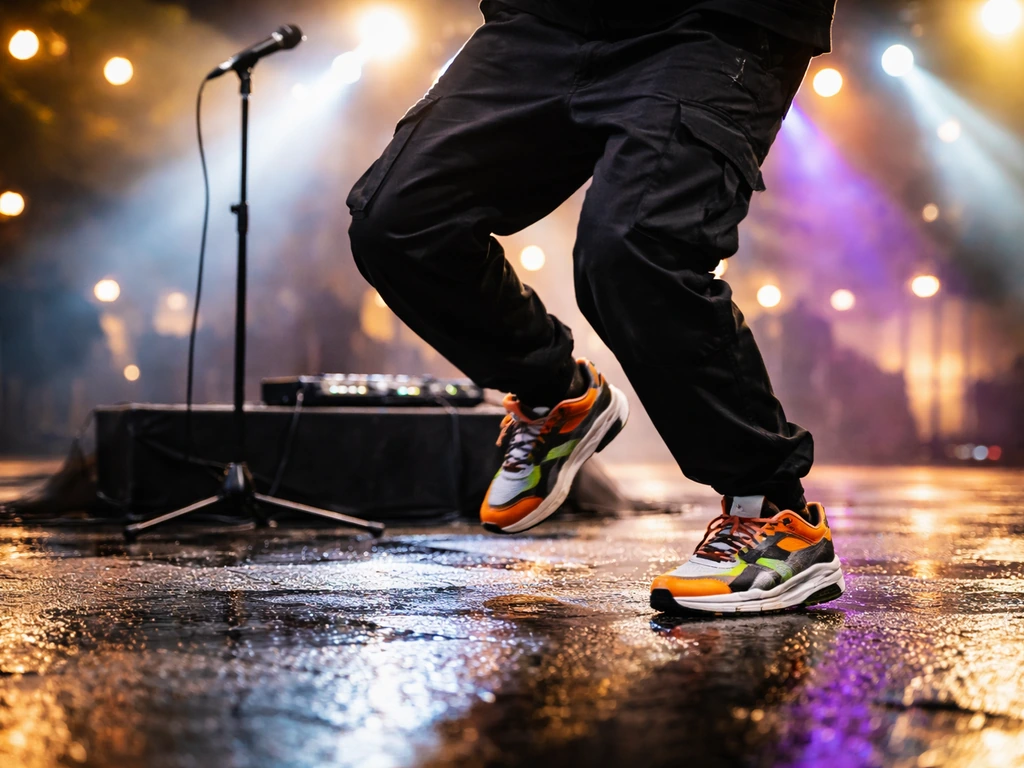 Anonymous hip-hop dance performance scene with microphone stand and stage lights in the background.
