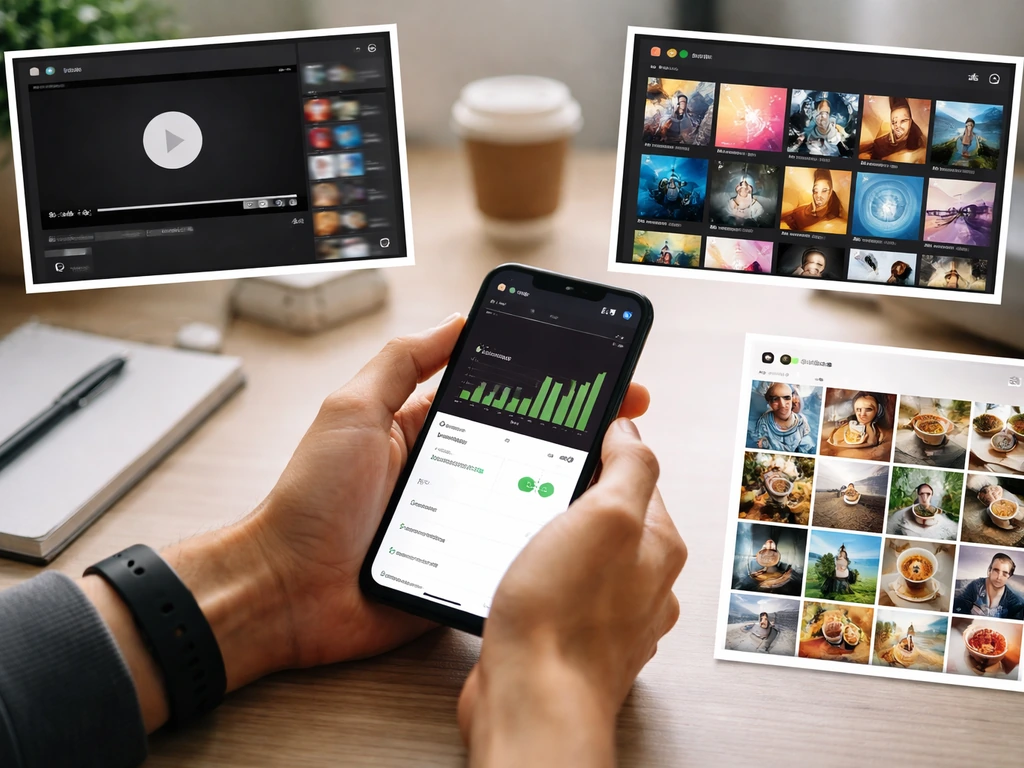 Minimal collage showing anonymous creator income sources: smartphone with play button, streaming tiles, and an Instagram