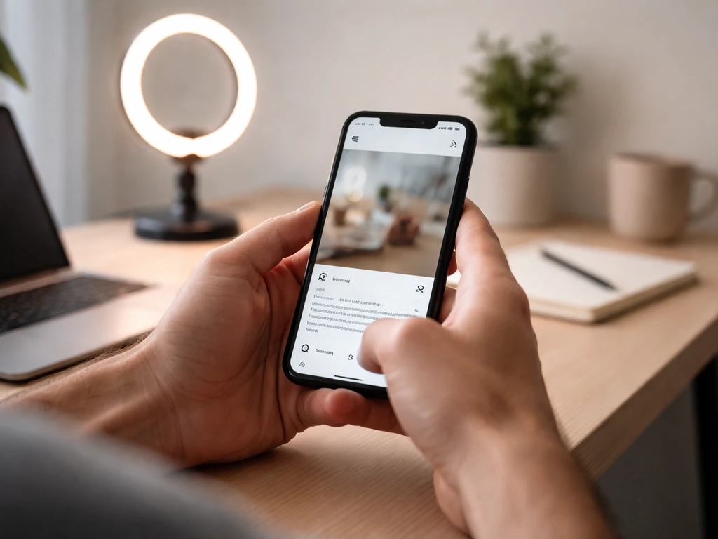 Young man at a desk holding a phone with a blurred Instagram-style sponsored post preview.