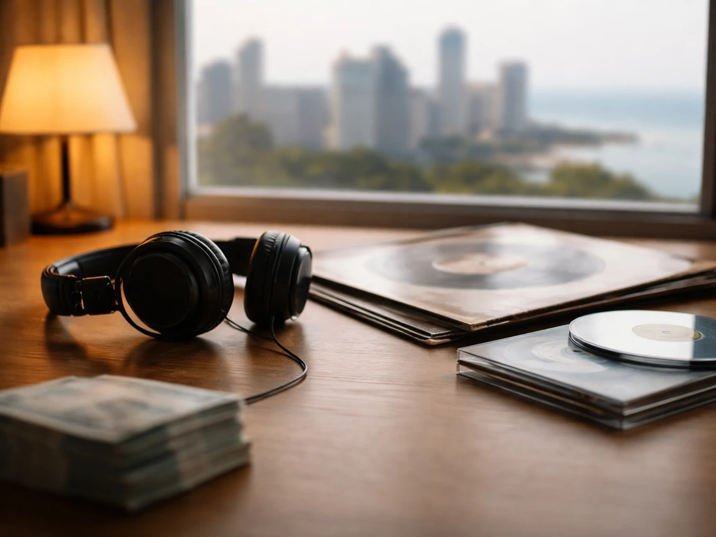 Music industry desk scene with record sleeves, headphones, and cash-like accents symbolizing streaming success