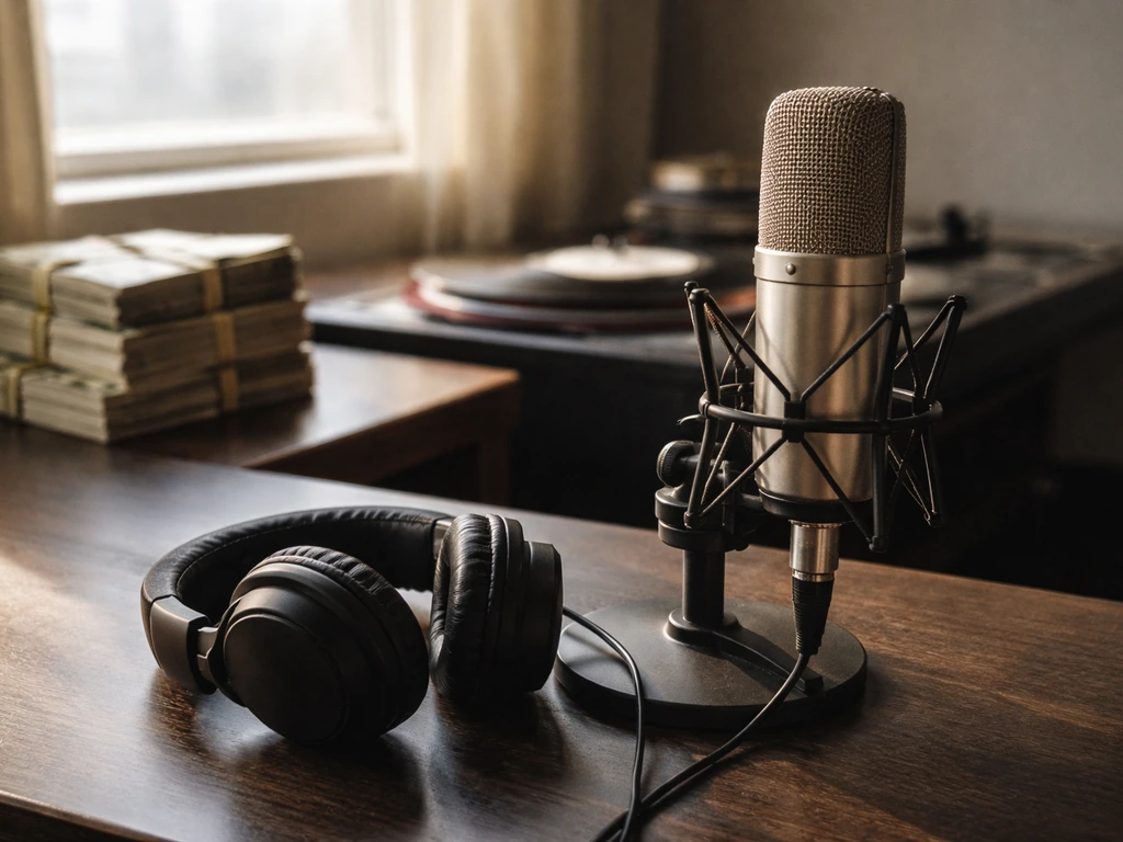 Anonymous studio desk with microphone, headphones, and blurred cash stacks in warm light.
