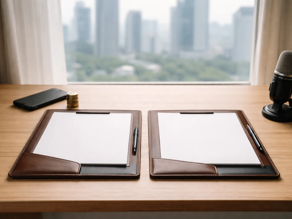 Minimal desk scene with blurred city skyline and two empty, elegant folders symbolizing a side-by-side breakdown.