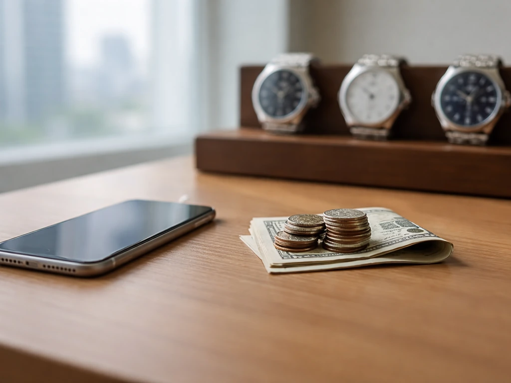 Minimal desk scene with a smartphone and scattered coins suggesting shifting currency values over time.