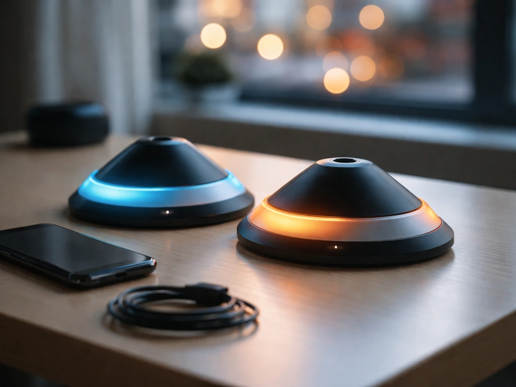Electronically controlled training cones on a desk, with soft city lights suggesting fitness-tech wealth