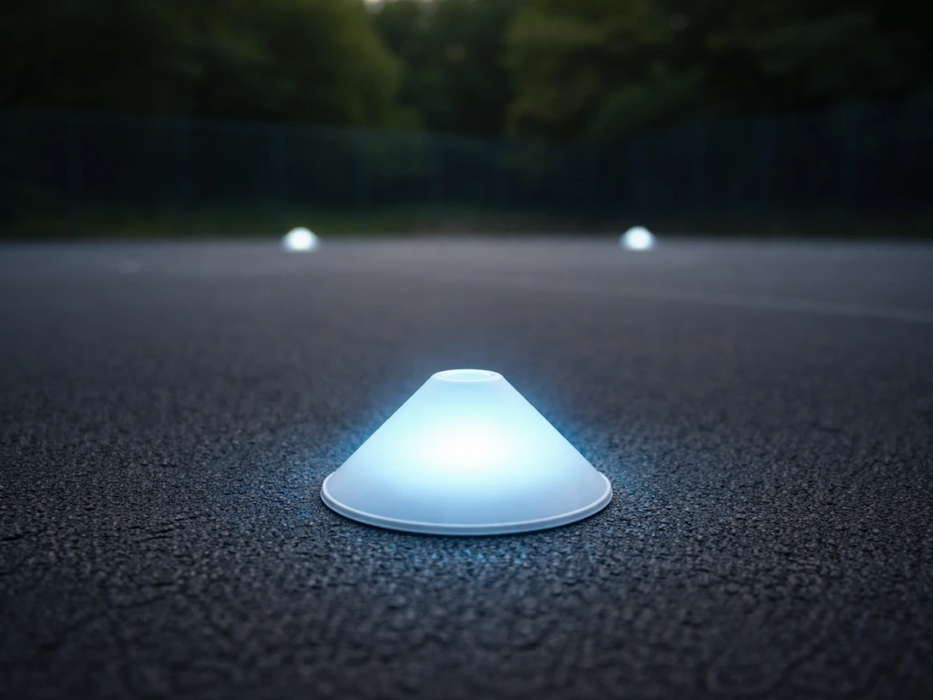 One glowing electronically controlled training cone on an outdoor running court, minimal and realistic.