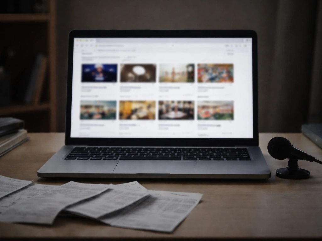 Blurred laptop search results show mismatched categories, suggesting irrelevant or fabricated web pages.