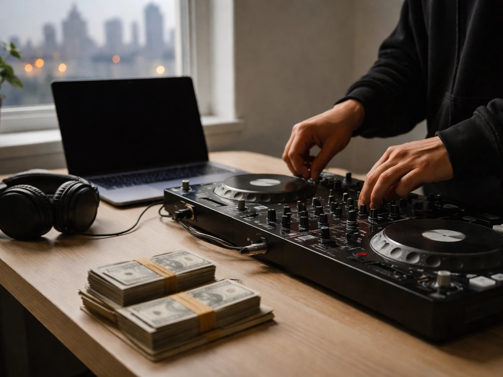 Anonymous hands adjusting DJ mixer in a minimal home studio with headphones and stacked cash envelopes.